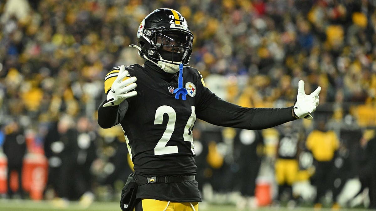Joey Porter Jr. reacts during the second half against the Buffalo Bills.