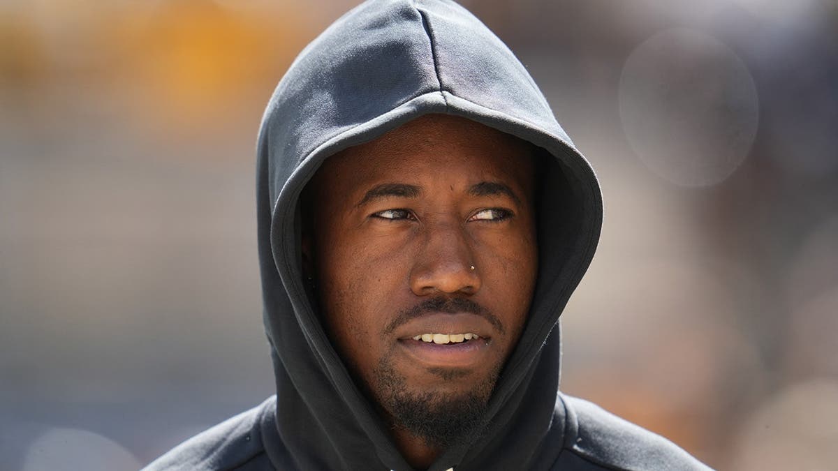 Joey Porter Jr. stands during warmups before an NFL game against the Cincinnati Bengals in Pittsburgh.