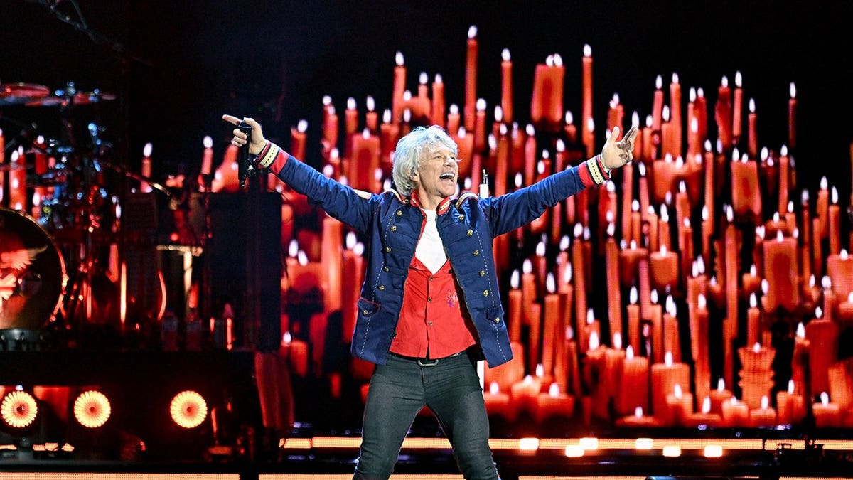 Jon Bon Jovi performs on stage at Wembley Stadium.