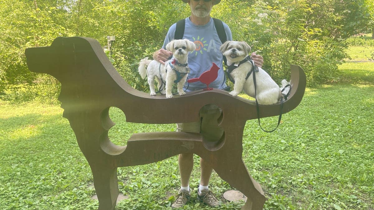 two small white dogs stand on top of a wooden dog statue with their owner behind them