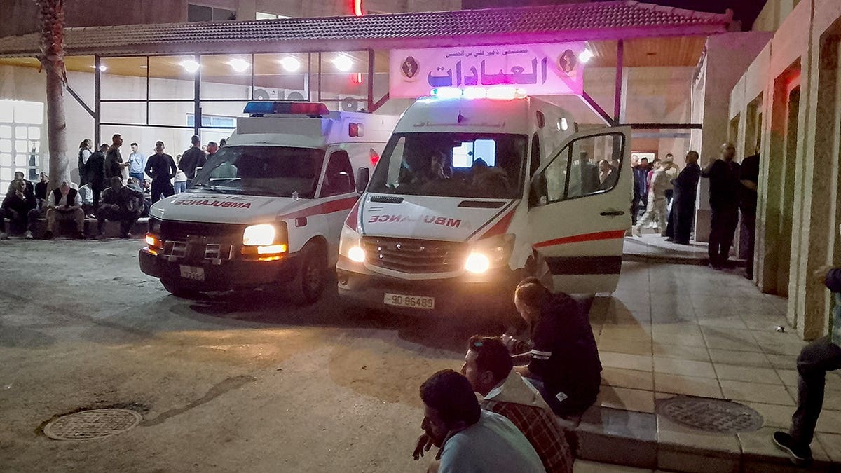 Ambulances parked outside Prince Ali Military Hospital in Karak, Jordan.