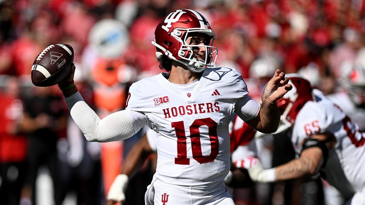 Josh Hoover drops back to pass during a football game at Memorial Stadium.
