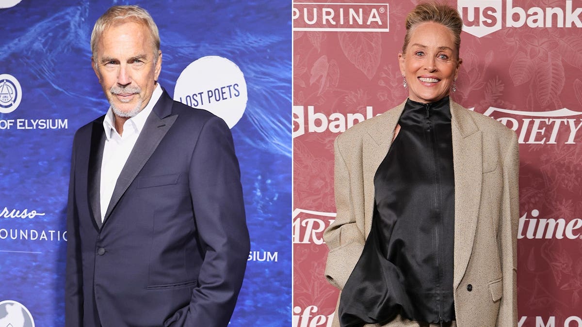 A split image of Kevin Costner and Sharon Stone.