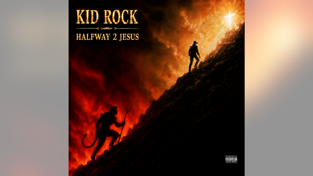 Kid Rock's "Halfway 2 Jesus" album artwork shows a cowboy climbing a fiery slope above a horned, pitchfork-carrying character.