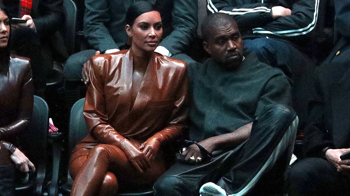 Kim Kardashian and Kanye West at Paris Fashion Week in March 2020.