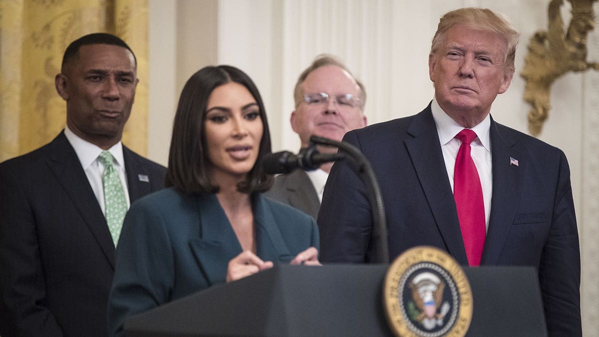 Kim Kardashian speaking at the White House in June 2019.