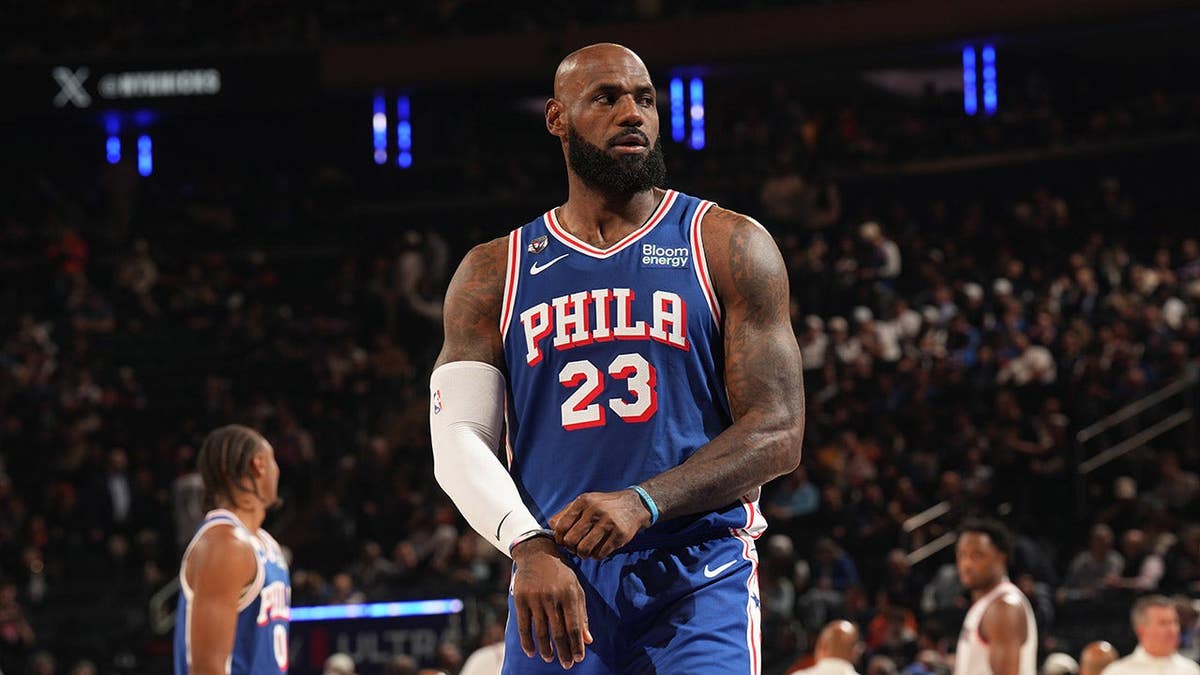 LeBron James #23 of the Philadelphia 76ers looks on during a game against the New York Knicks at Madison Square Garden.