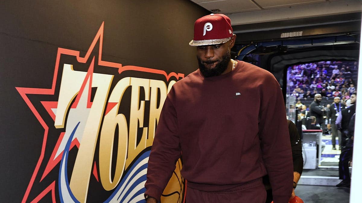 LeBron James #23 of the Philadelphia 76ers looks on after a game against the New York Knicks.