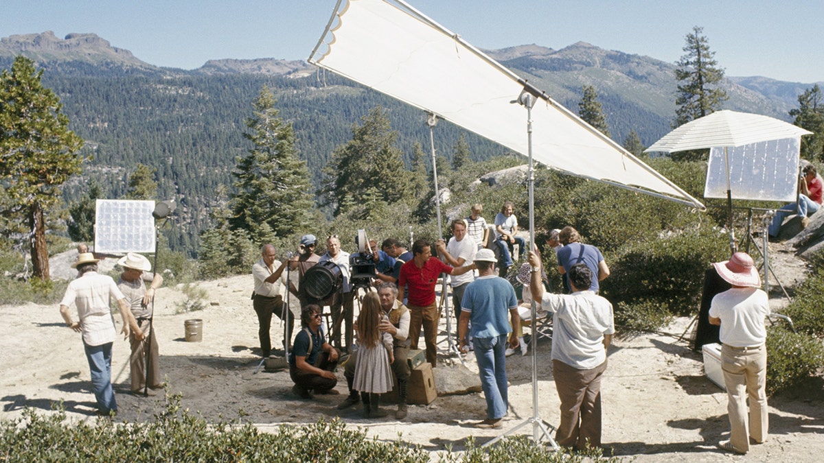 The cast and crew of "Little House on the Prairie" film a scene