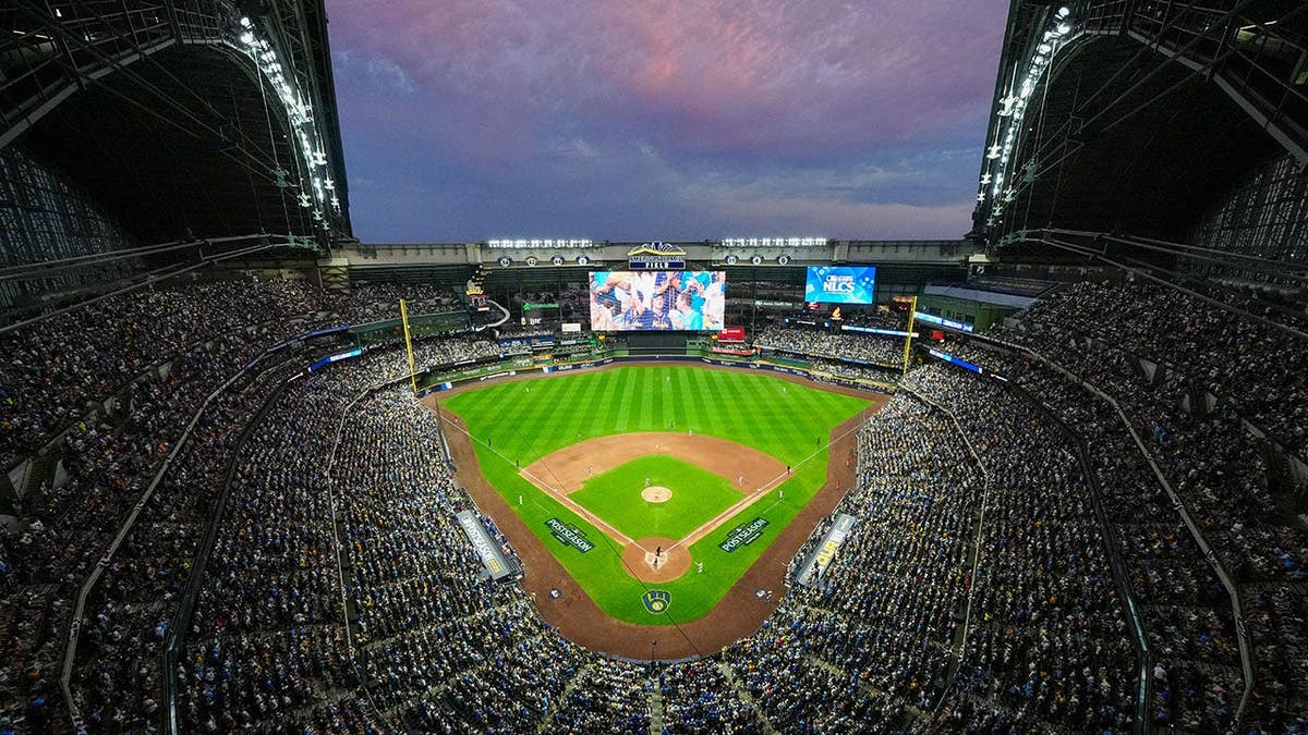 American Family Field at sunset during Game Two of the National League Championship Series between the Dodgers and Brewers.