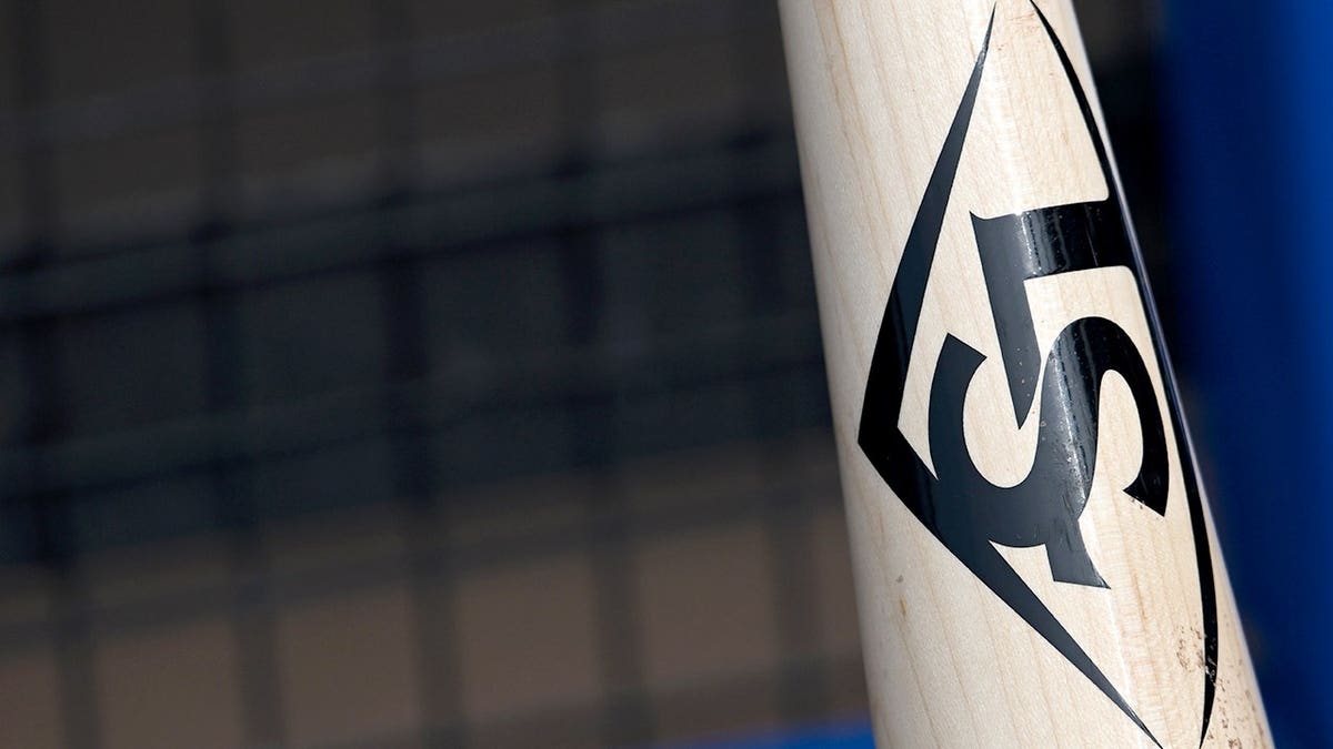 Louisville Slugger logo on a bat prior to a game between the Houston Astros and Cleveland Guardians.