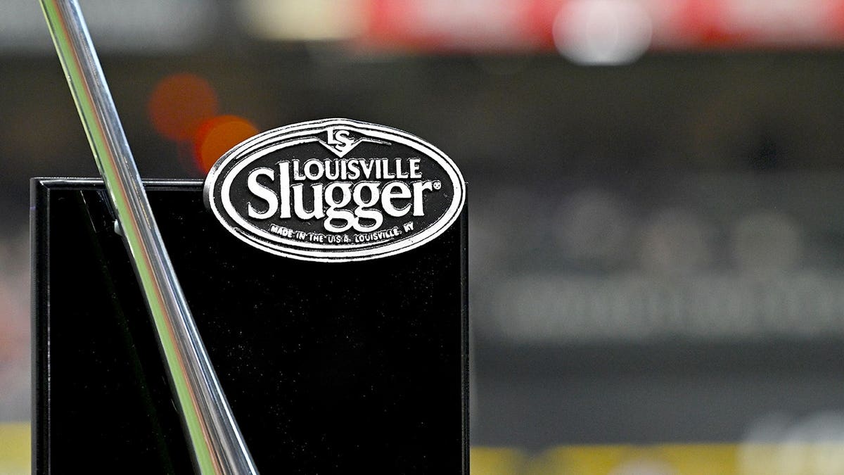 Louisville Slugger logo on the Silver Slugger award before a Texas Rangers and Oakland Athletics game.