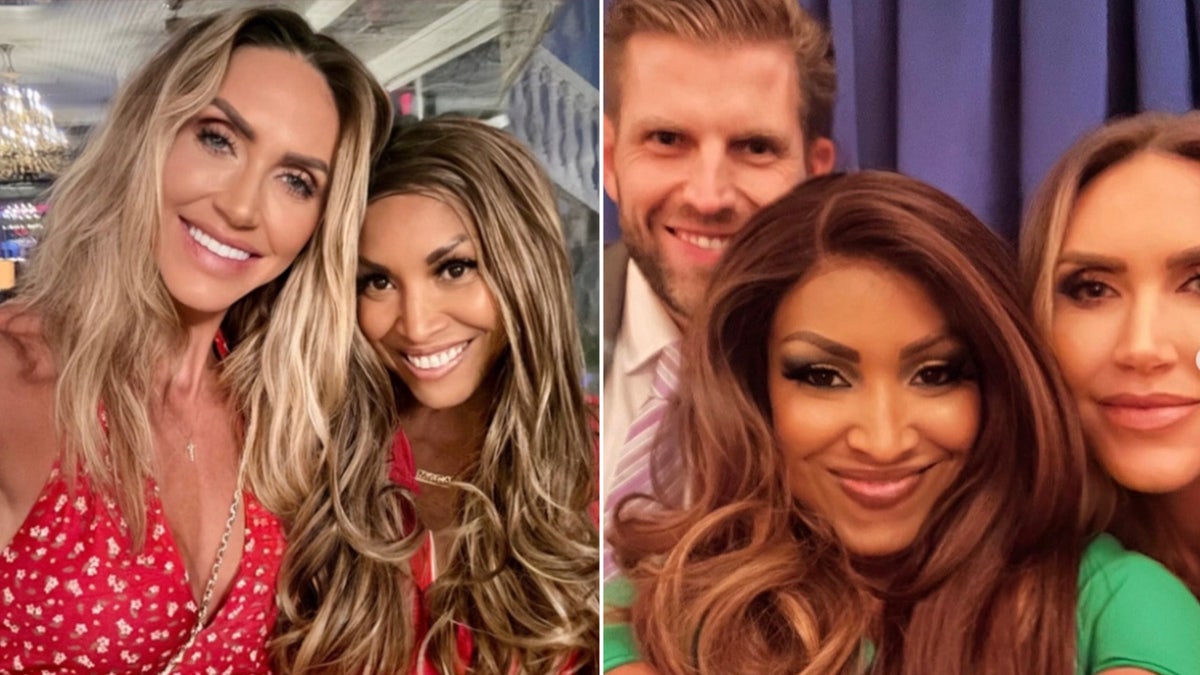 Lara Trump, Lynne Patton, Eric Trump pose in front of a blue curtain in another.