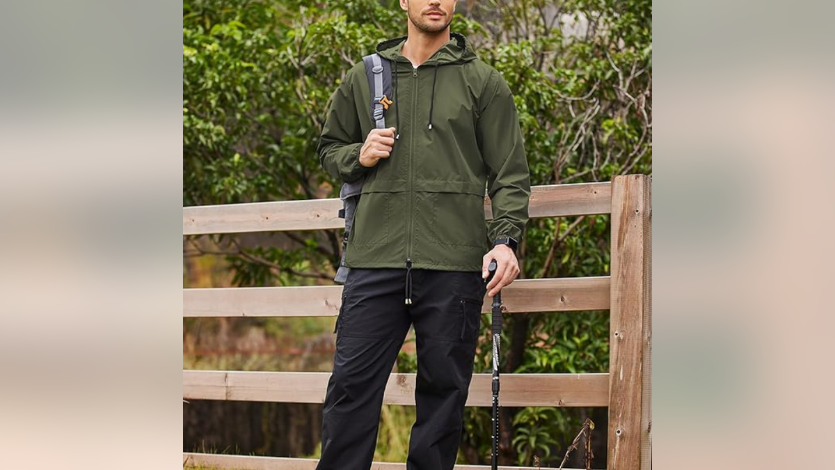 This rain jacket has a packable design for protection on the go.