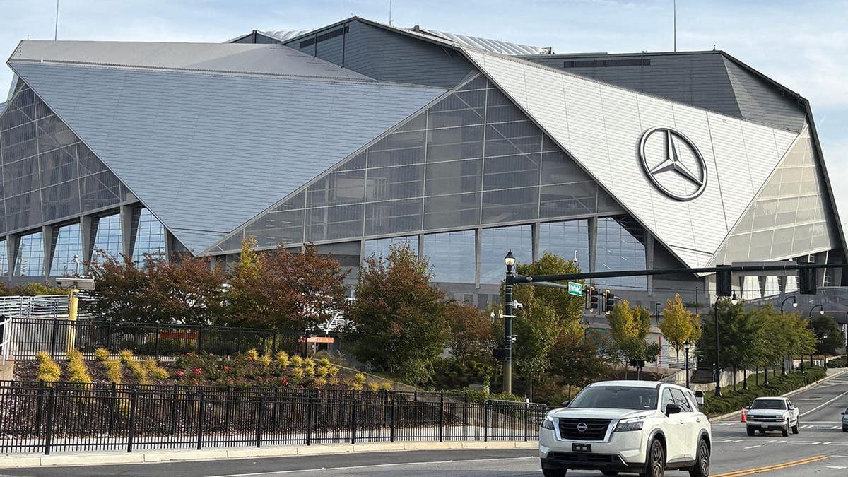 Mercedes-Benz Stadium in Atlanta on a daytime exterior view.