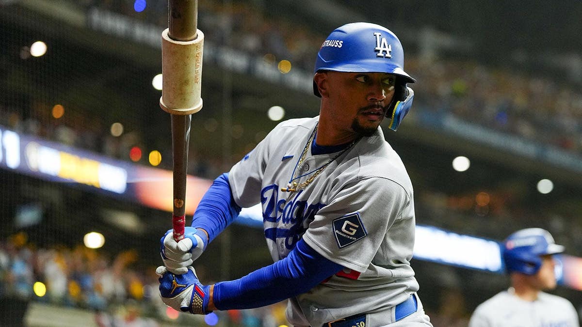 Mookie Betts prepares to bat for the Los Angeles Dodgers at American Family Field.