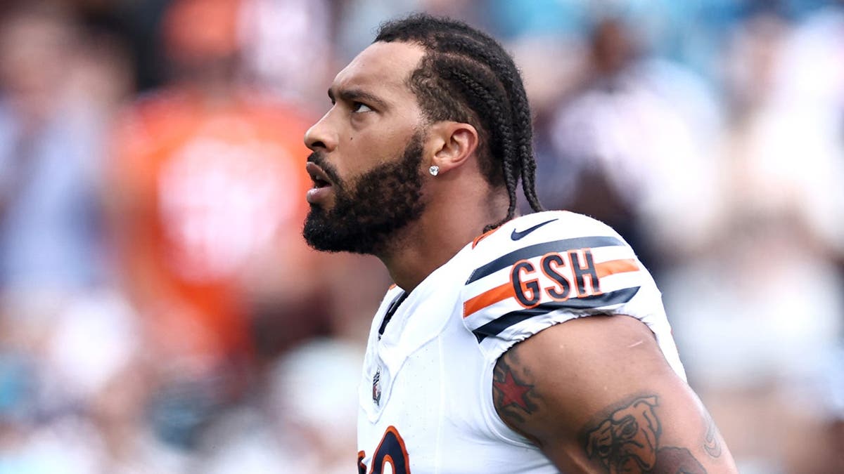 Montez Sweat reacts after a sack during the first quarter of a game against the Carolina Panthers.
