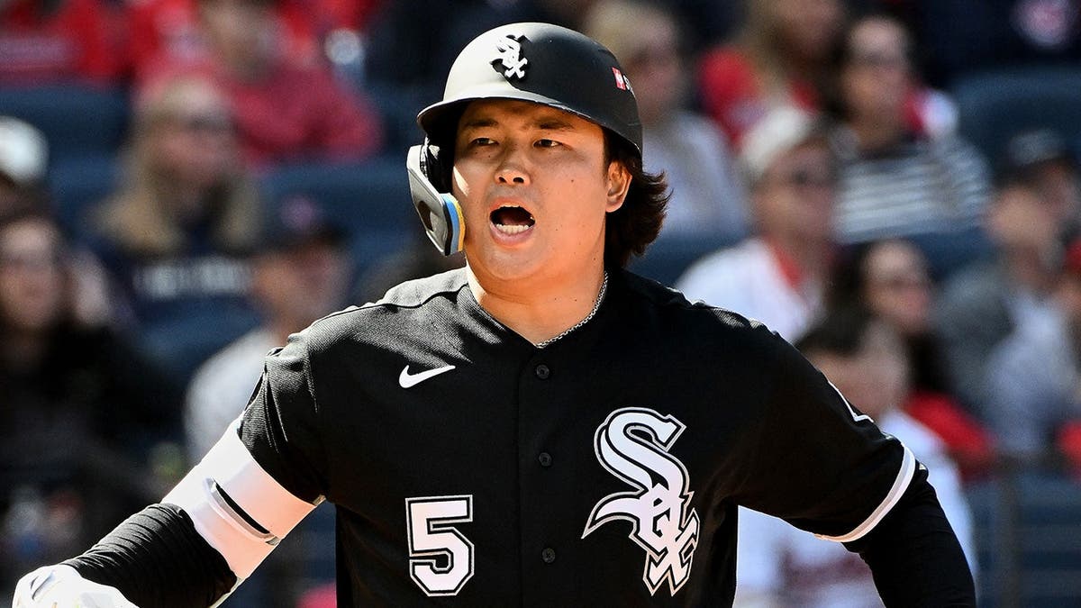 Munetaka Murakami reacts after hitting a home run during Game 1 of the American League Division Series in Cleveland.