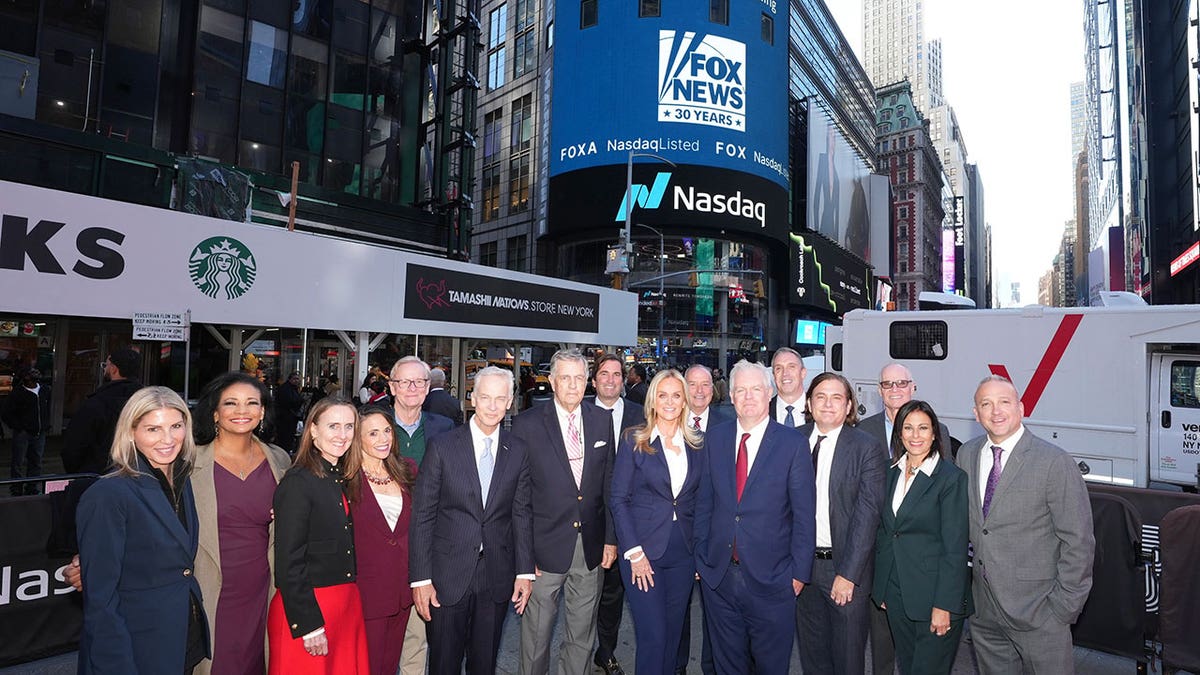 FOX News Media CEO Suzanne Scott alongside original hosts and executives on the leadership team at the Nasdaq MarketSite on October 6, 2026