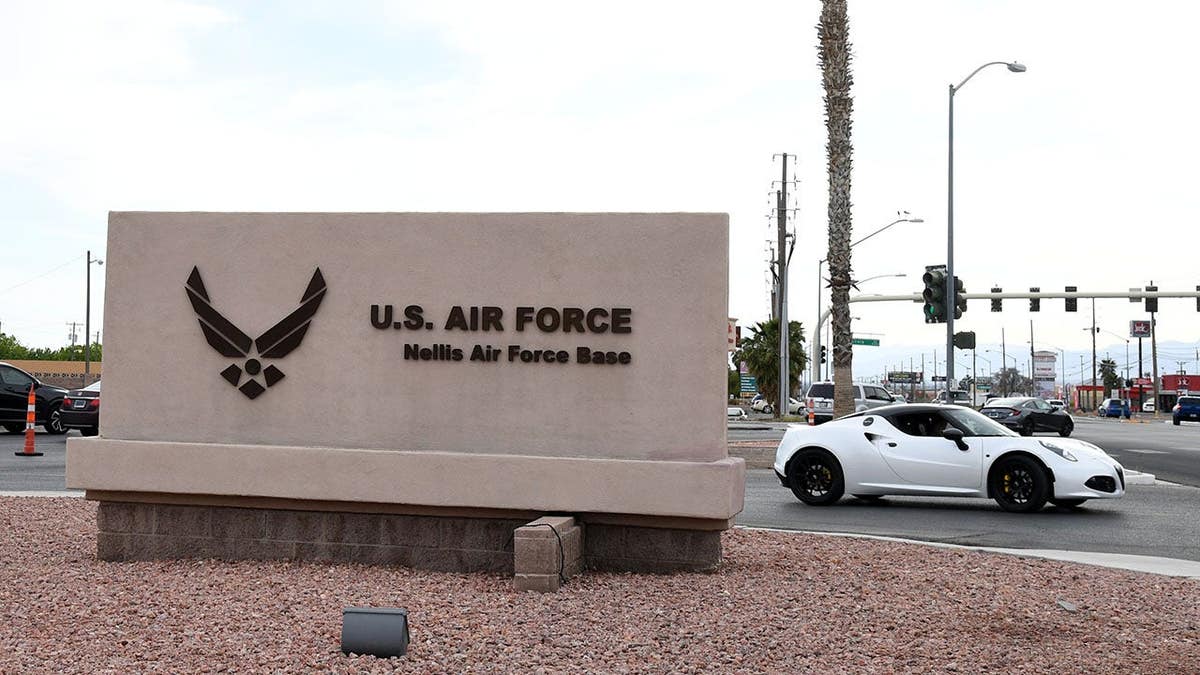A sign near the main gate of Nellis Air Force Base in Las Vegas, Nevada.
