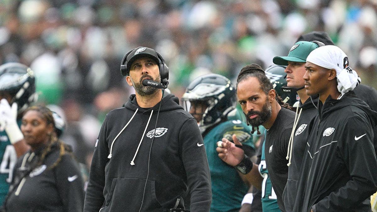 Nick Sirianni, Philadelphia Eagles head coach, looks on during a game at Lincoln Financial Field.