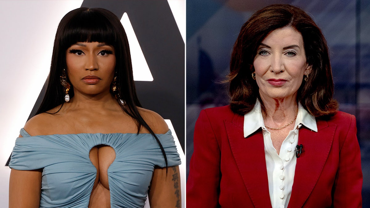 Nicki Minaj attends a premiere in Washington, D.C., alongside an image of Kathy Hochul and Bruce Blakeman at a debate.