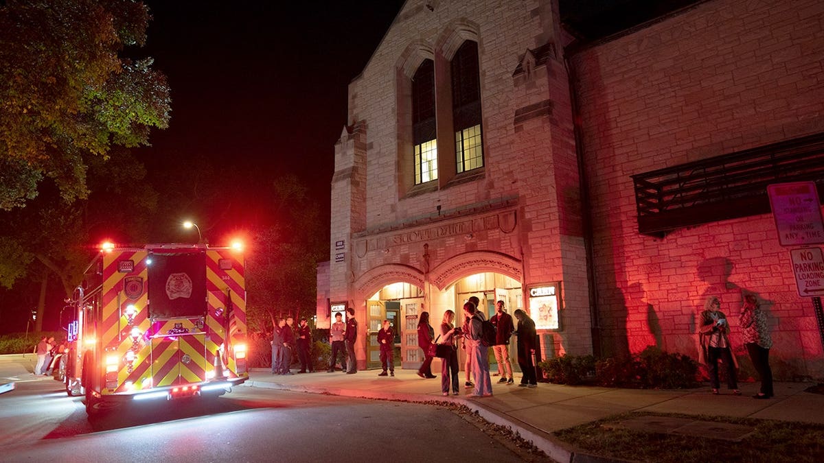 Firetruck outside Cahn Auditorium at Northwestern University