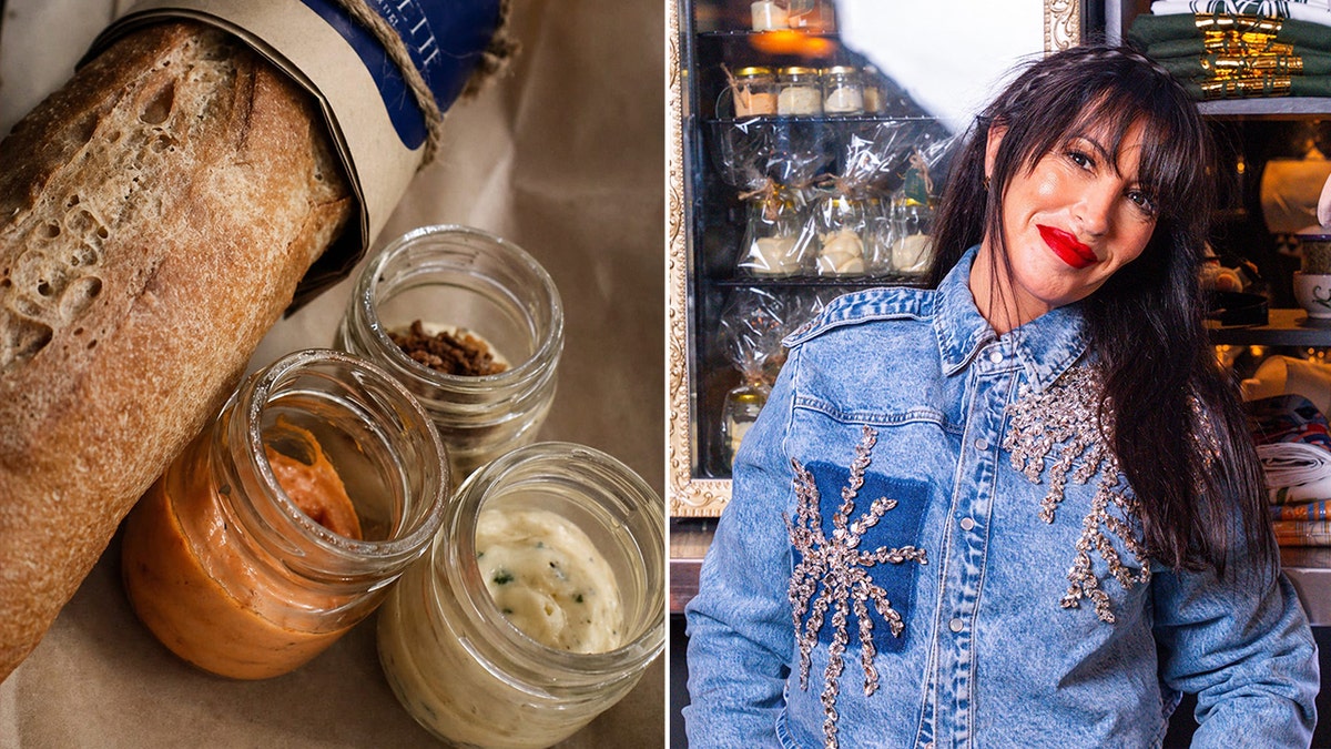 A kosher baguette and butter options, left, next to a posed photograph of Olivia Ostrow.