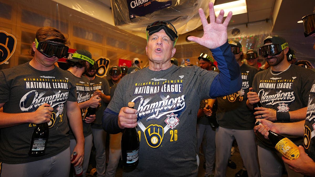 Pat Murphy of the Milwaukee Brewers celebrates after winning Game Four at Dodger Stadium.