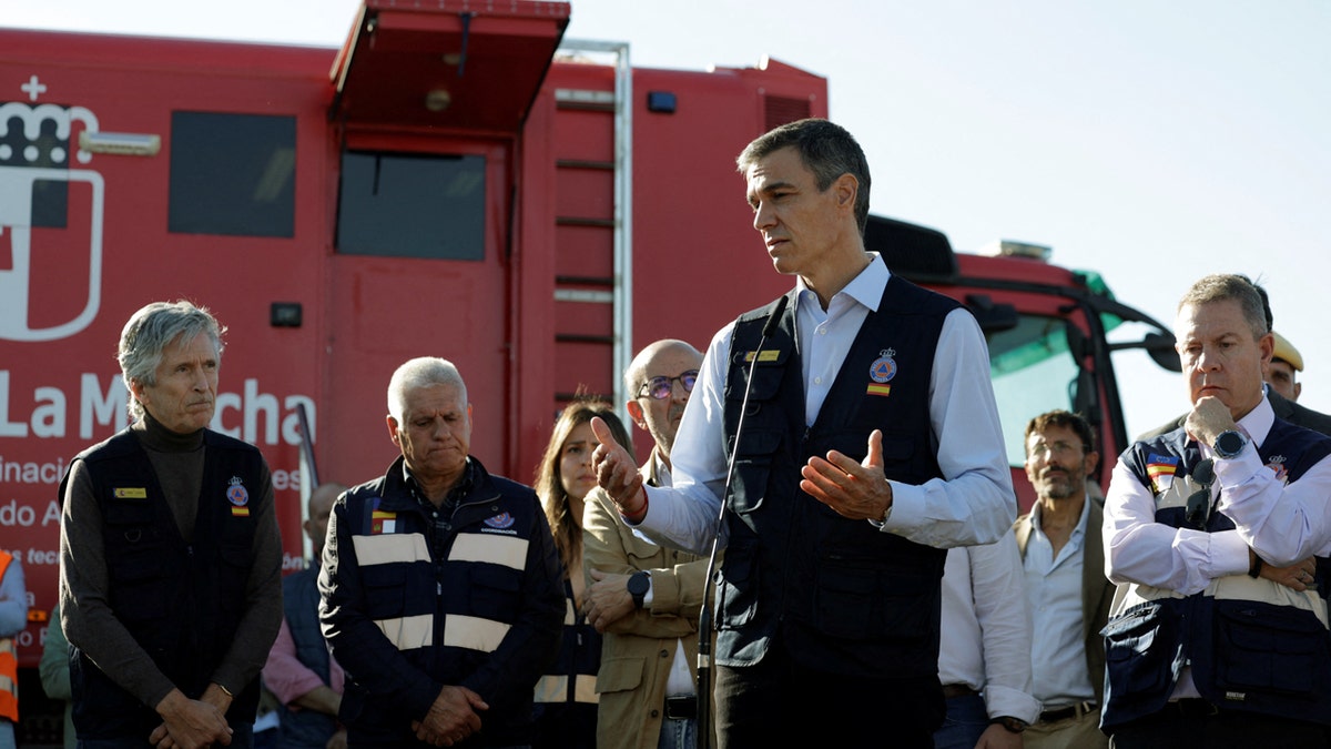 Spain's Prime Minister Pedro Sanchez speaking at the site of a train collision