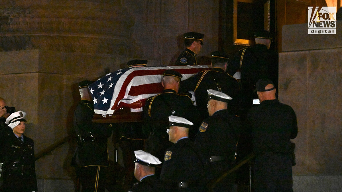 The casket of the late Philadelphia Police Officer Shane Seiber is escorted into Cathedral Basilica in Philadelphia, Pennsylvania, United States on Tuesday, October 20, 2026. Police Officer Shane Seiber will be remembered at a funeral service after being killed in the line of duty. Credit: Kyle Mazza/CNP for Fox News Digital