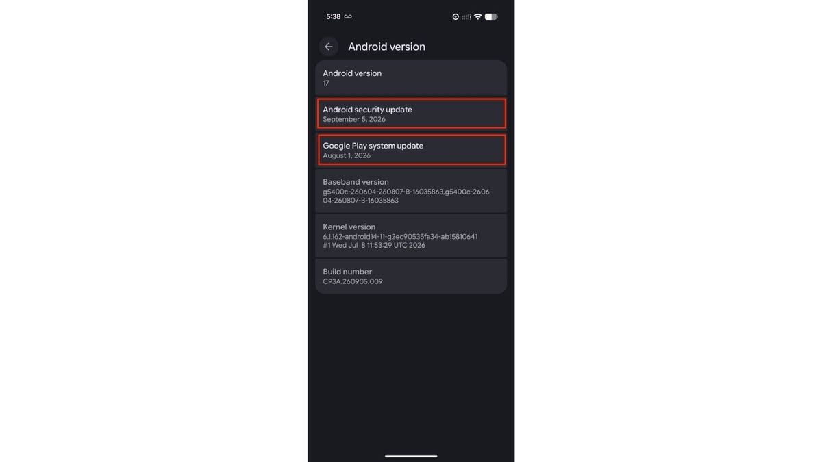 A Google Pixel software information screen