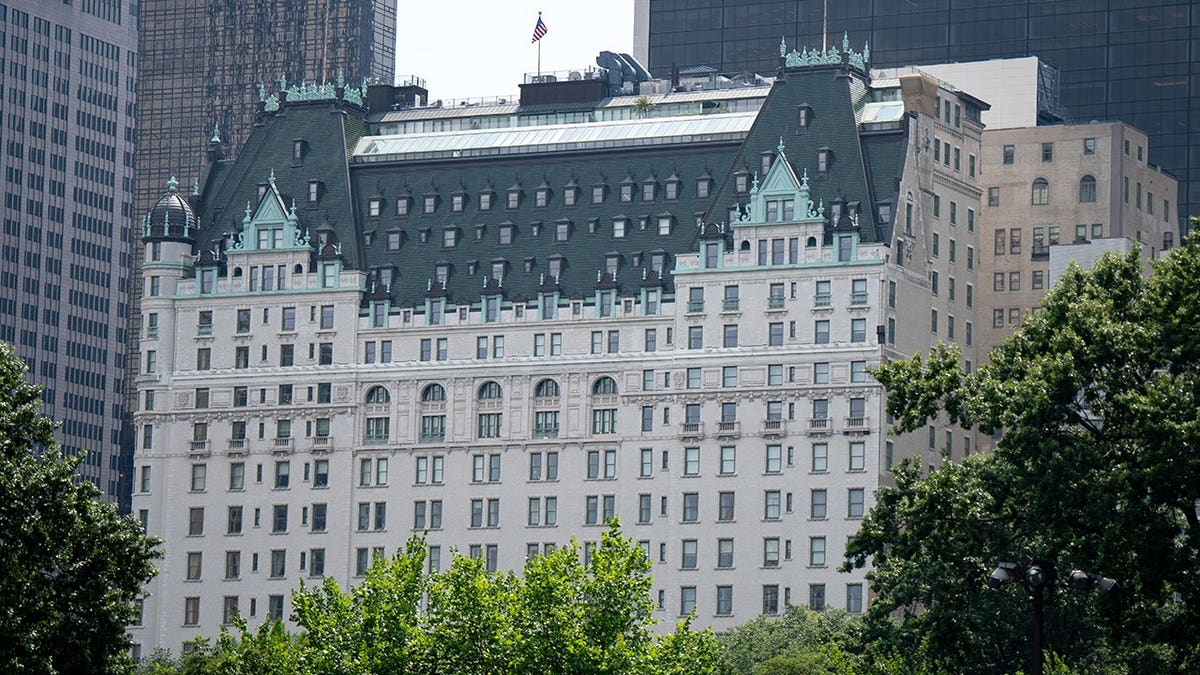 The Plaza Hotel stands on Fifth Avenue in New York City.