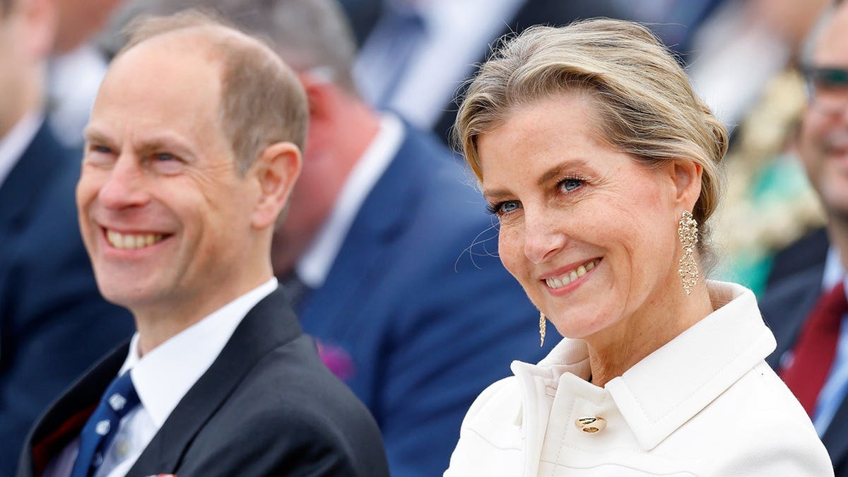 Prince Edward and Sophie stand at the D-Day remembrance service in Alrewas, England.