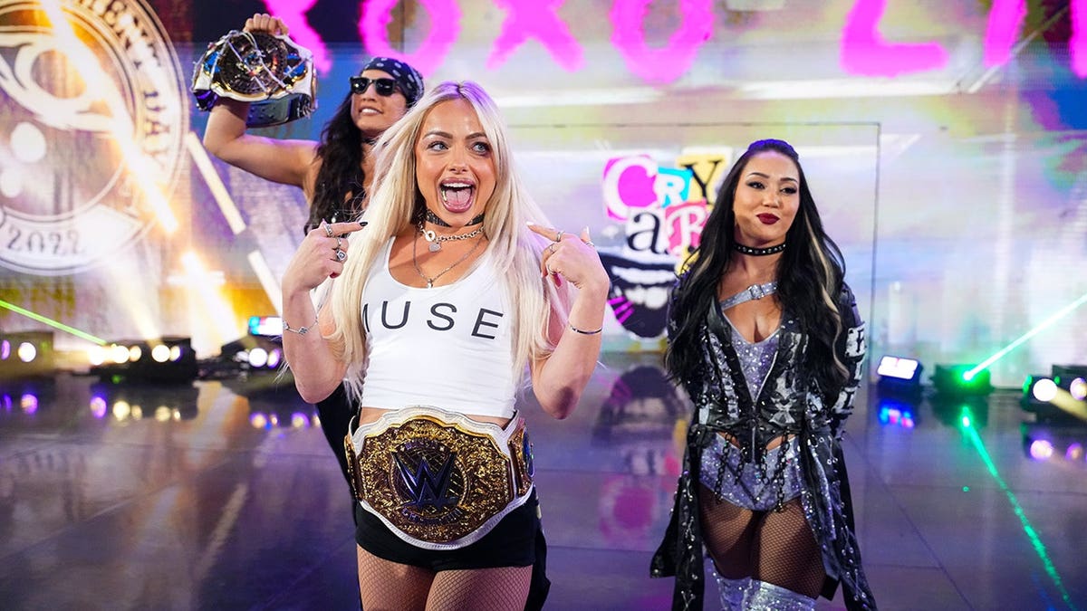 Raquel Rodriguez, Liv Morgan and Roxanne Perez enter the ring during Monday Night RAW.