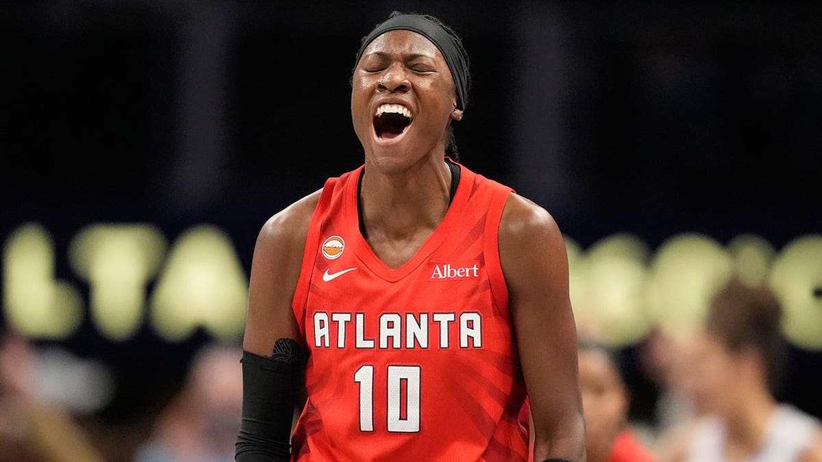Rhyne Howard reacts during the first half of Game 6 of the WNBA Finals in Atlanta.