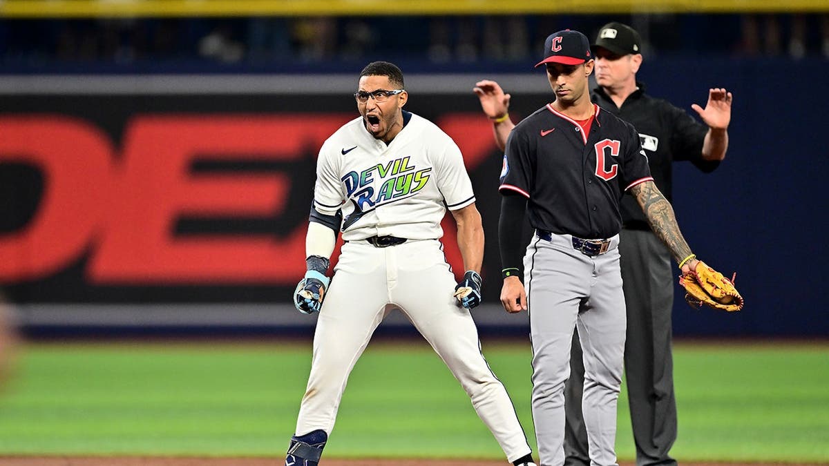 Richie Palacios reacts after hitting a two-run RBI double for the Tampa Bay Rays.