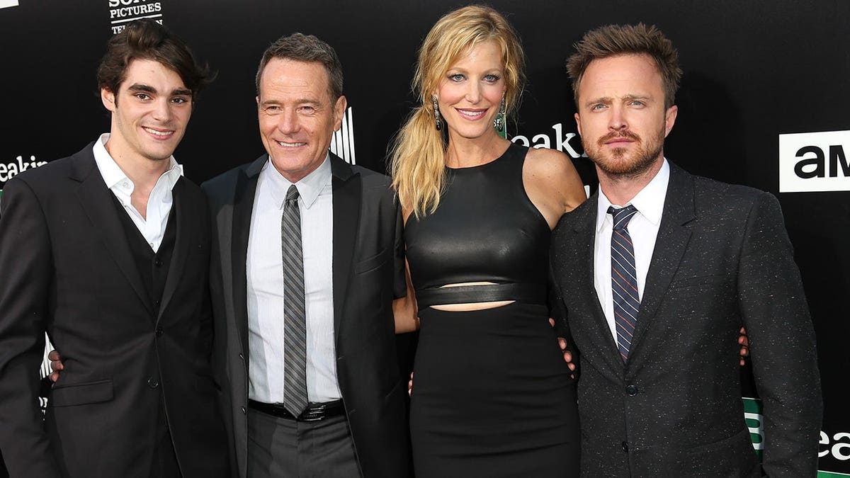 RJ Mitte, Bryan Cranston, Anna Gunn and Aaron Paul arrive at an event in Culver City, Calif.
