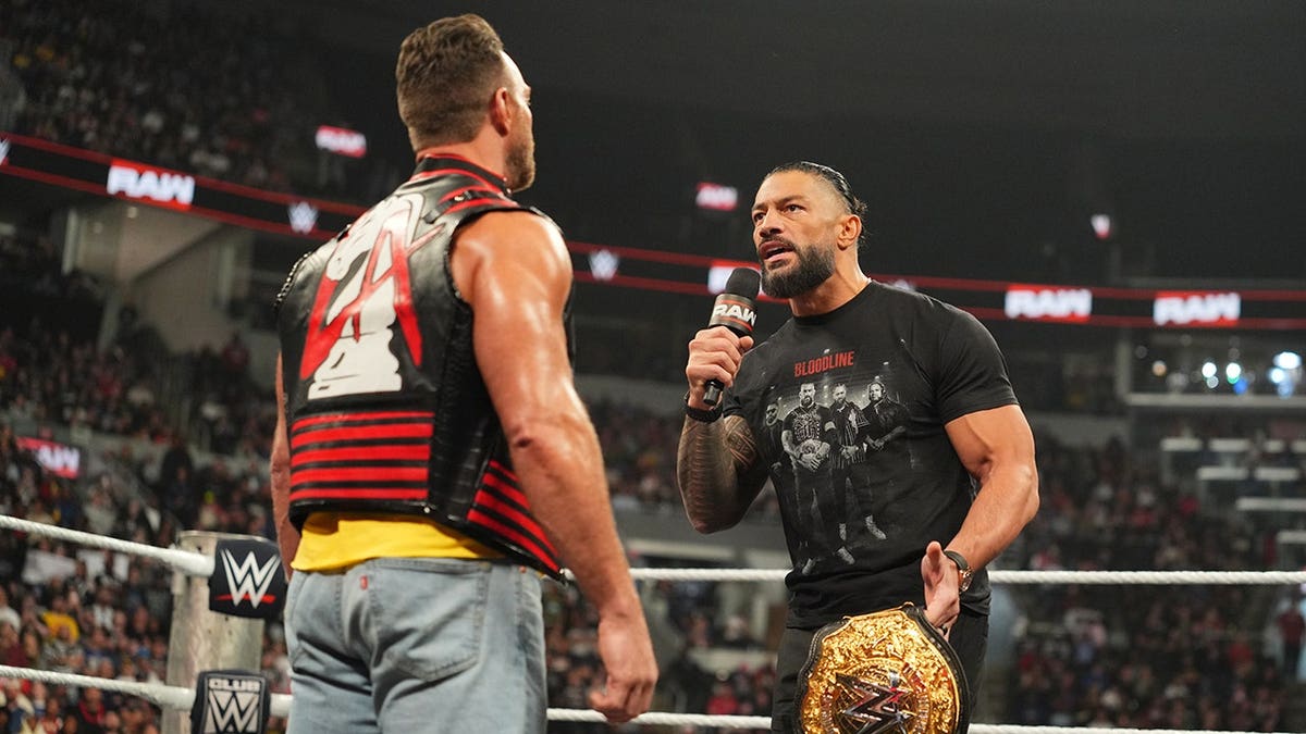 Roman Reigns confronts LA Knight during Monday Night RAW in St. Louis.