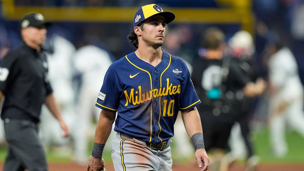 Sal Frelick walks toward his clubhouse after Game 4 of the World Series.