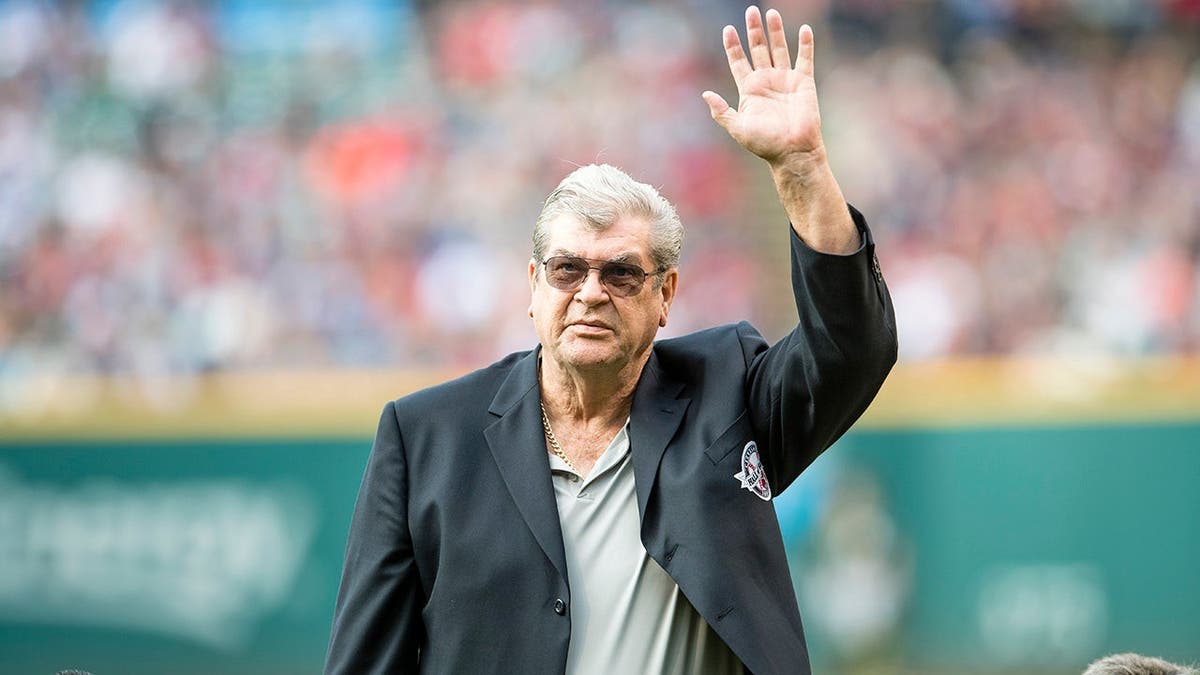 Sam McDowell stands during Hall of Fame induction ceremony at Progressive Field.