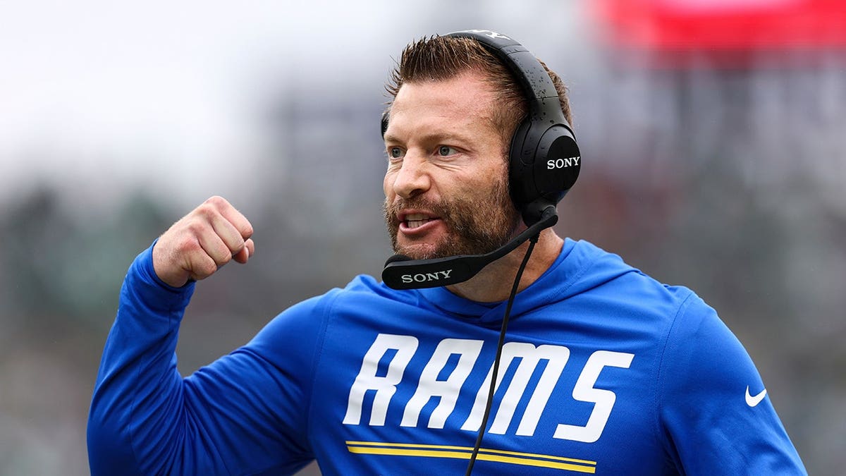 Sean McVay celebrates after a touchdown at Lincoln Financial Field.