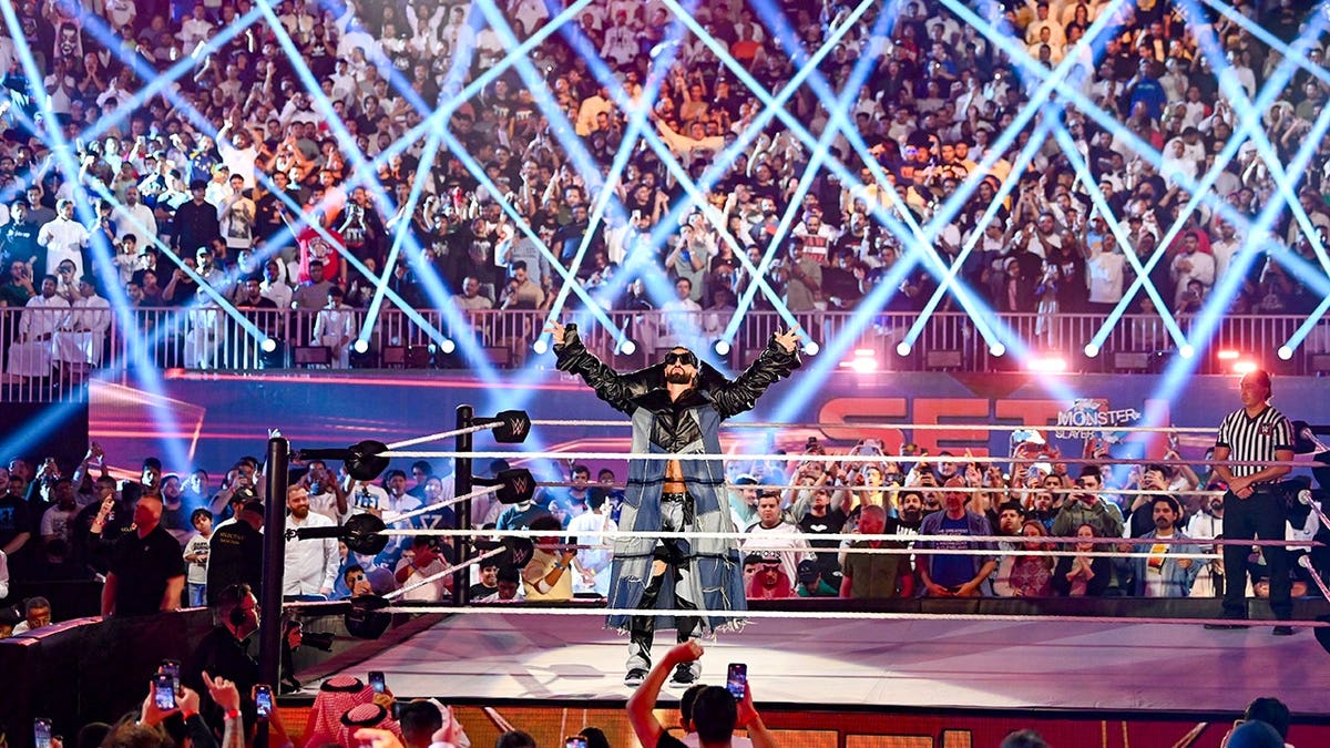 Seth Rollins enters the arena during Crown Jewel in Riyadh.