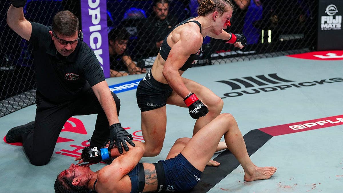 Shannon Clark celebrates after fighting Lucero Acosta during a PFL match.