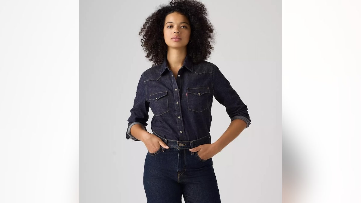 This denim shirt is made with recycled cotton.