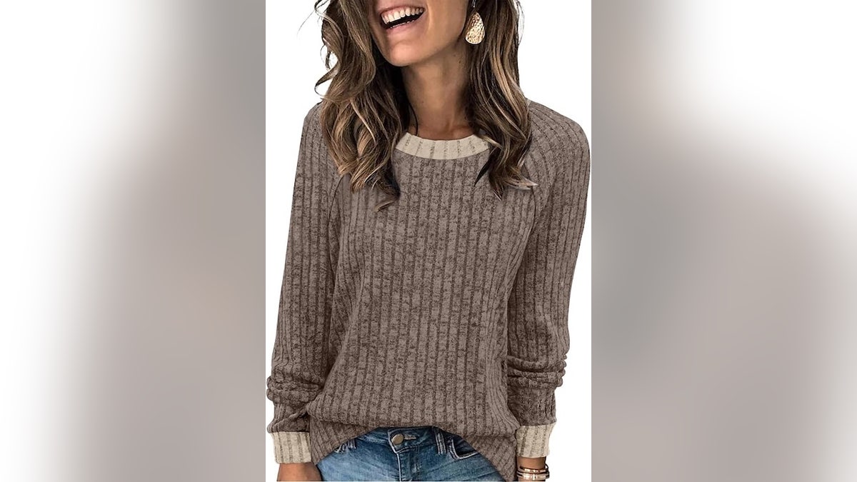 This neutral brown shirt is easy to style.
