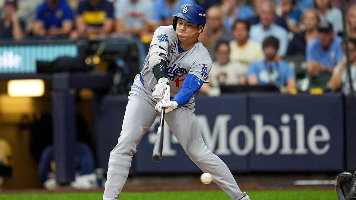 Shohei Ohtani strikes out during Game 2 of the National League Championship Series in Milwaukee.