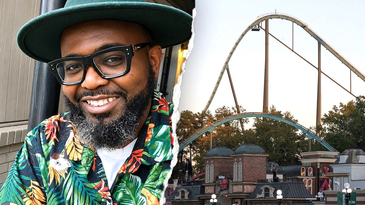 Split image of Six Flags victim, view of roller coaster