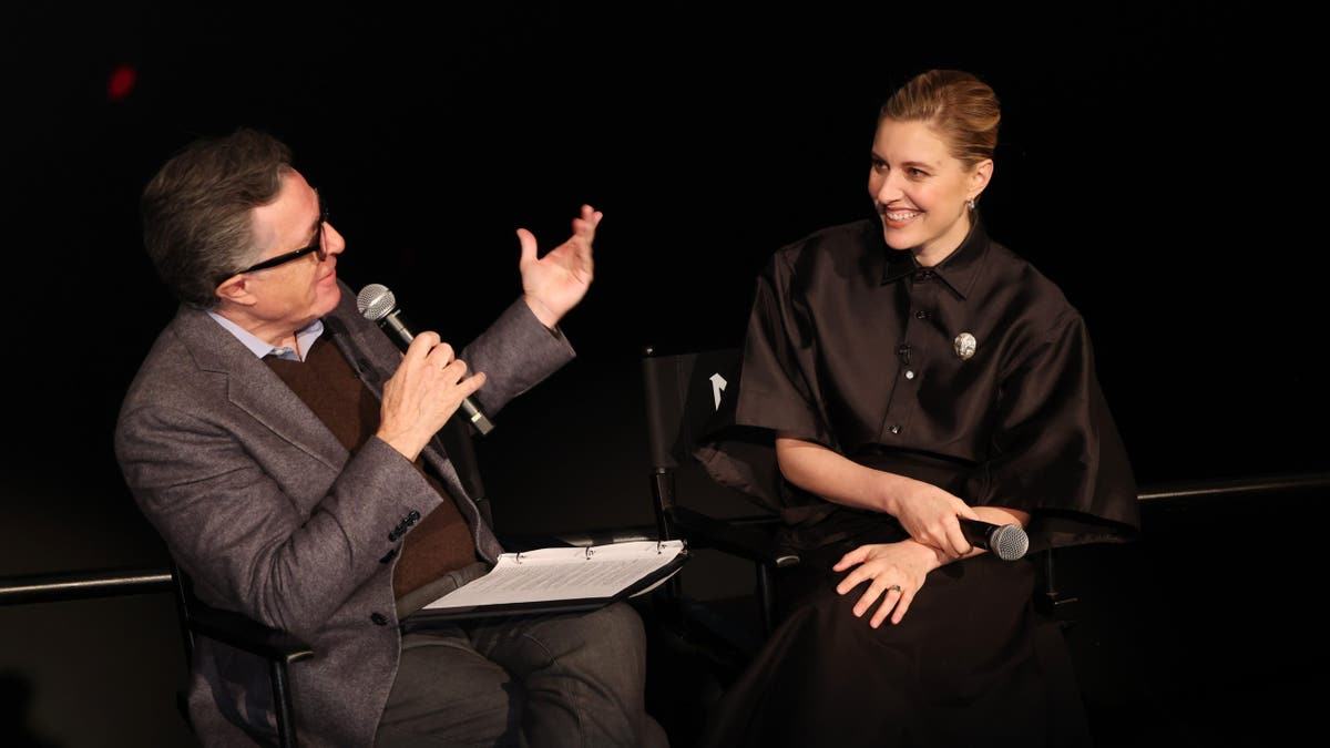 Stephen Colbert and Greta Gerwig speak onstage at Netflix's Narnia IMAX event.