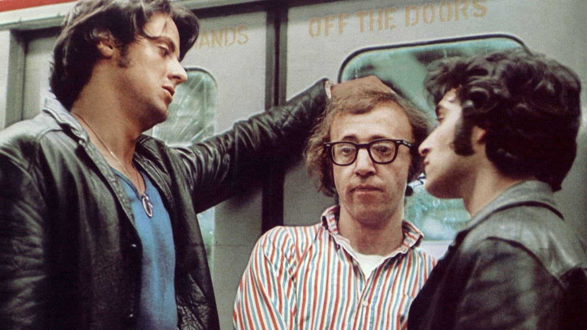 Sylvester Stallone stands with Woody Allen on the set of Bananas.